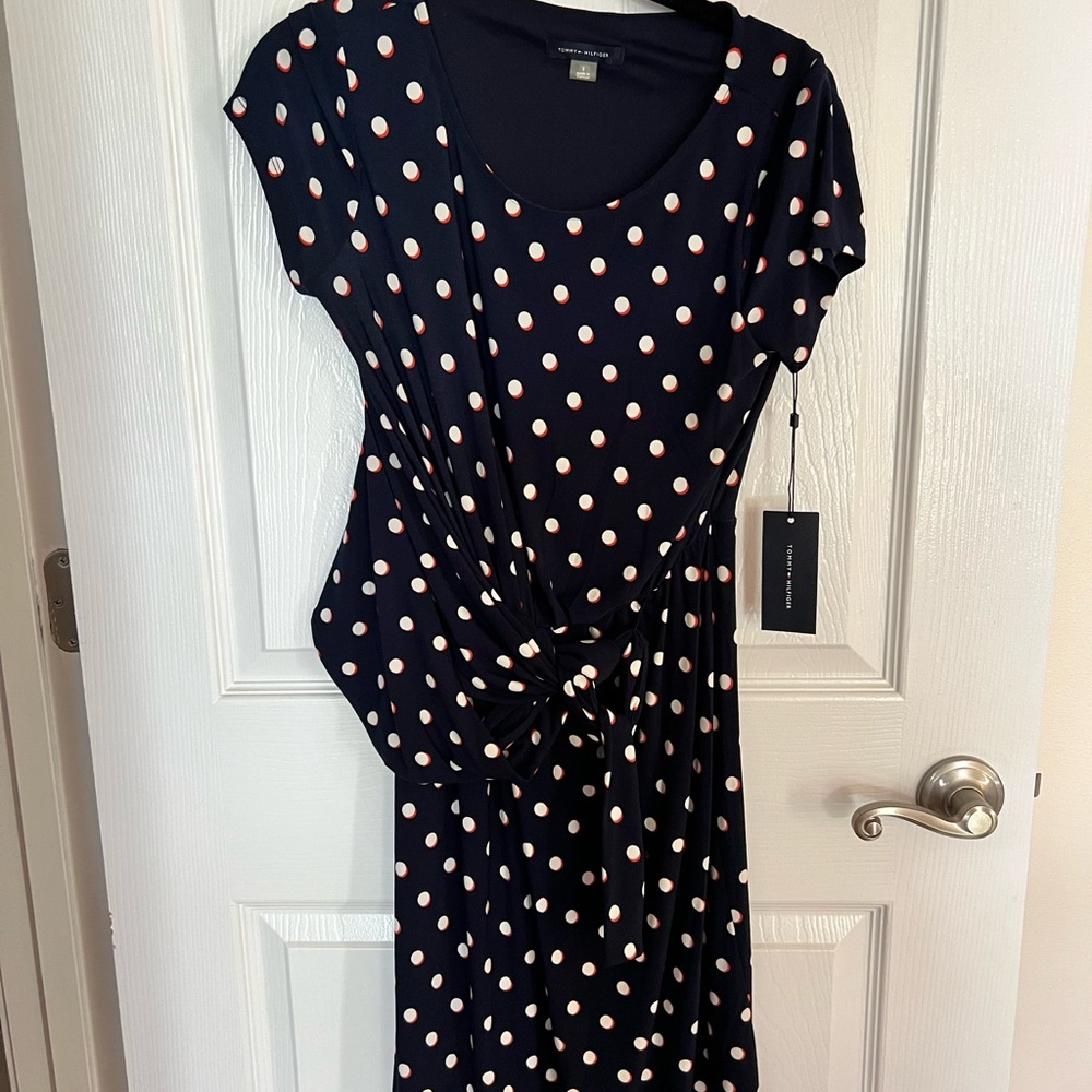 Tommy Hilfiger Blue and White Sheath Dress with Scoop Neck